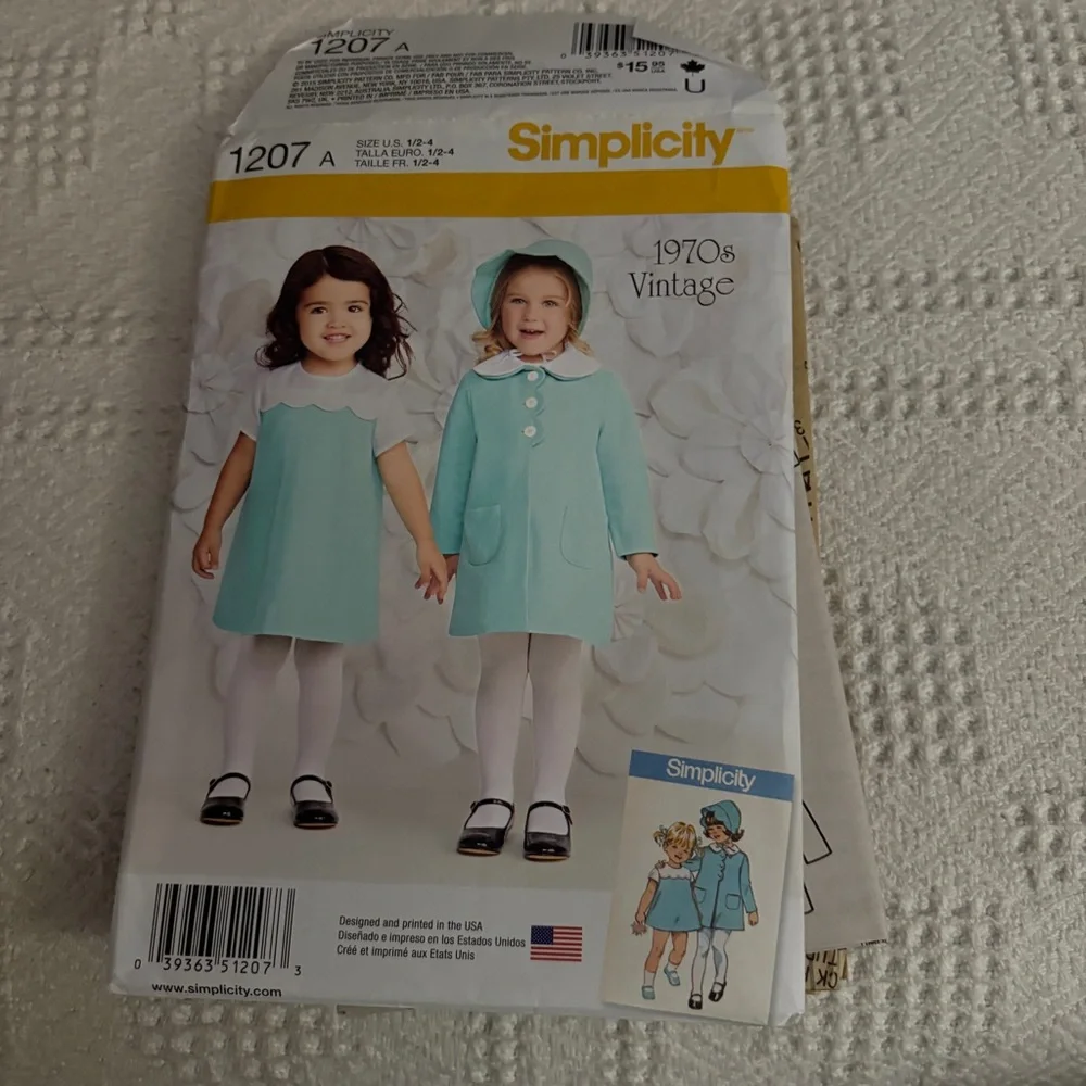 Simplicity Pattern 1207 A for Toddler’s Dress, Coat, and Bonnet